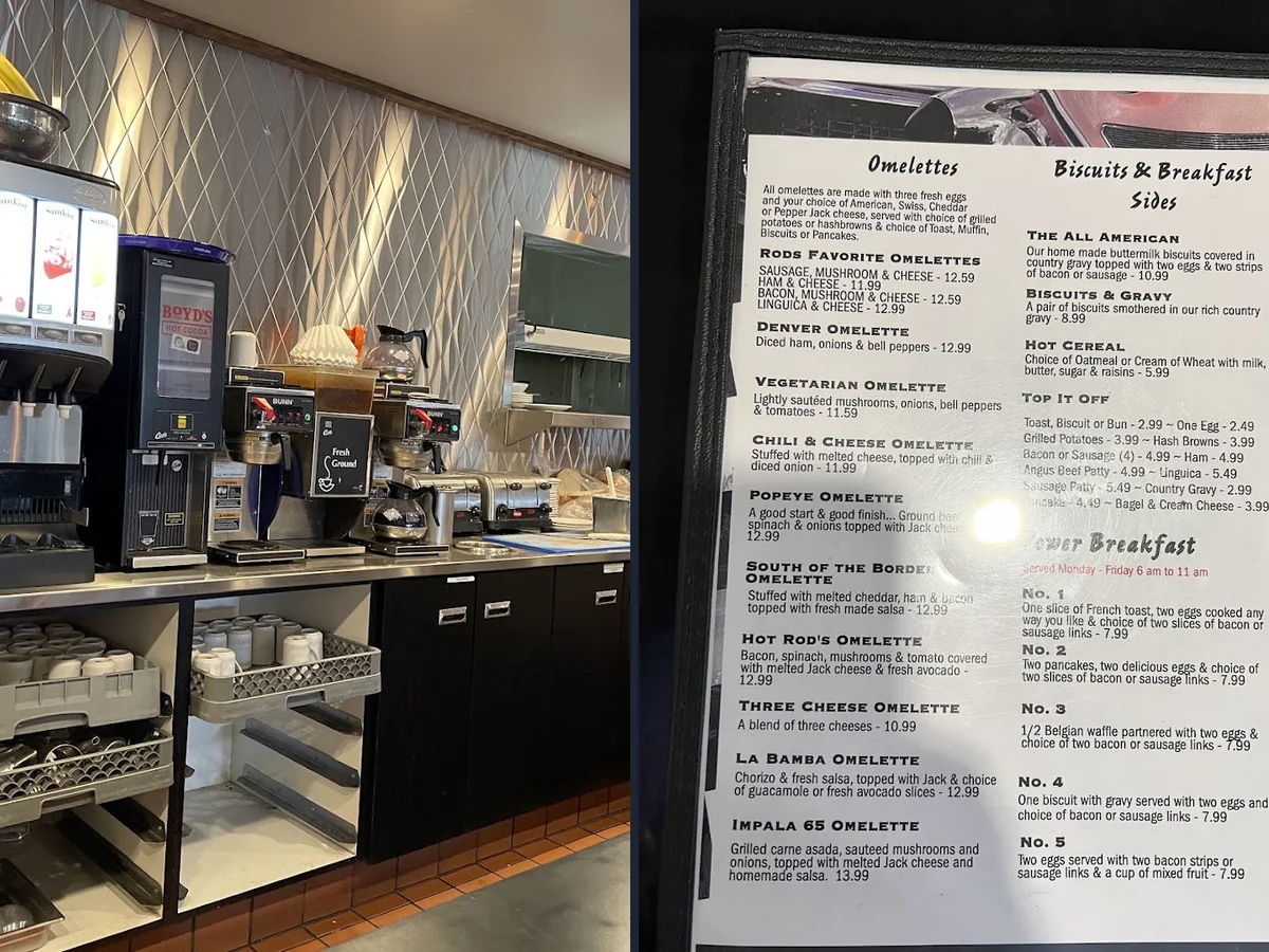 Retro diner booths with hot rod decor.