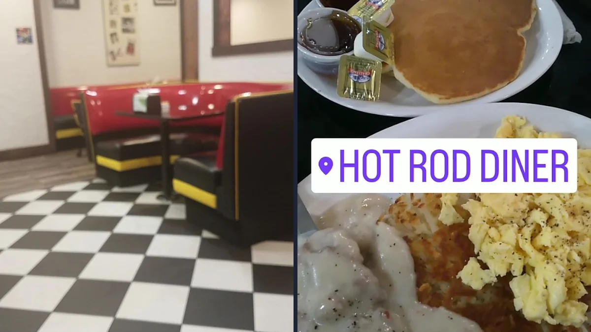 Retro diner booths with hot rod decor.