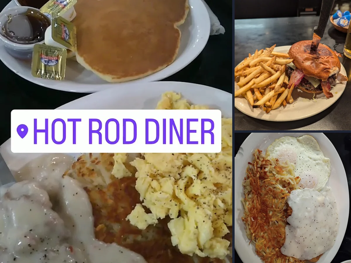 Retro diner booths with hot rod decor.